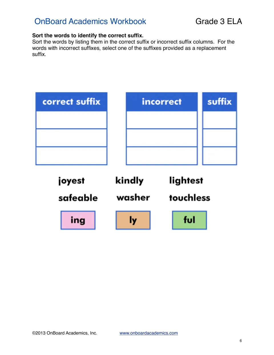 Suffix sort: students list joyest, kindly, lightest, safeable, washer and touchless as correct or incorrect and fix errors