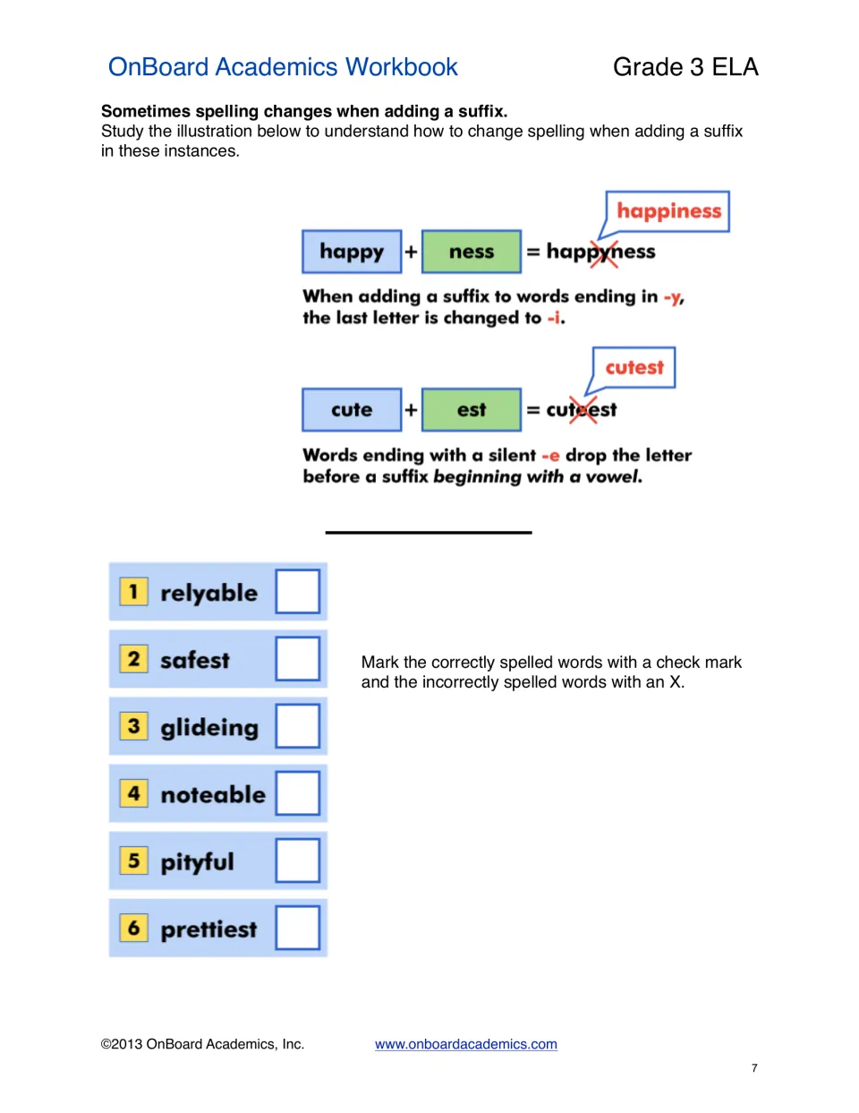 Suffixes and spelling: y-to-i and silent-e rules shown with happiness and cutest; students check or X six spellings