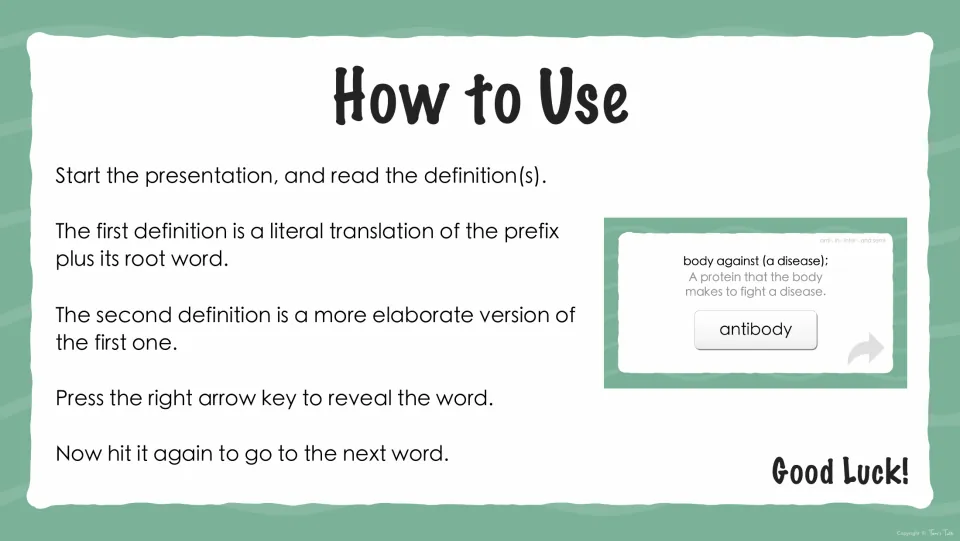 How to Use directions: read the literal and longer definitions, then press the right arrow to reveal the prefix word