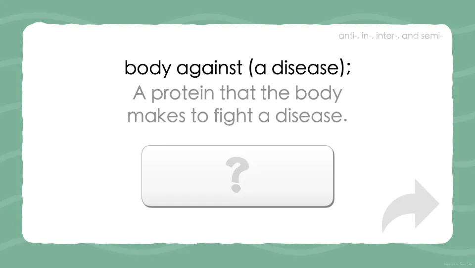 Prefix anti- prompt: students read 'body against (a disease)', a protein the body makes to fight disease, and name the word