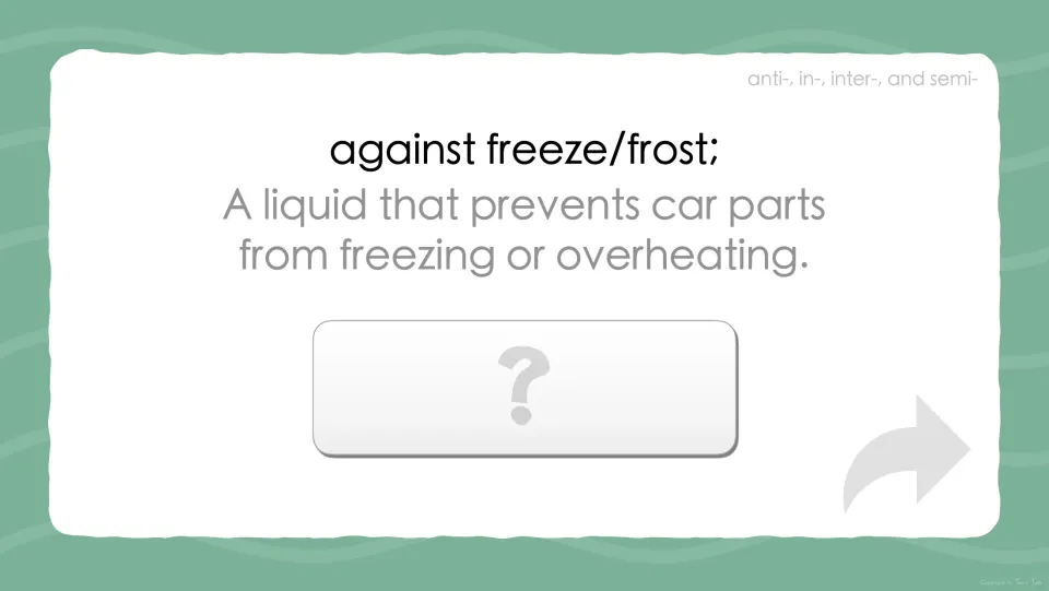 Prefix anti- prompt: students read 'against freeze/frost', a liquid that keeps car parts from freezing, and name the word