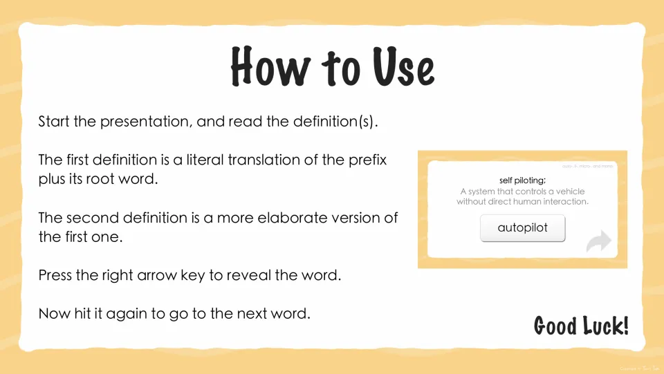 Presentation instructions explain two definitions per word and using the right arrow key to reveal answers