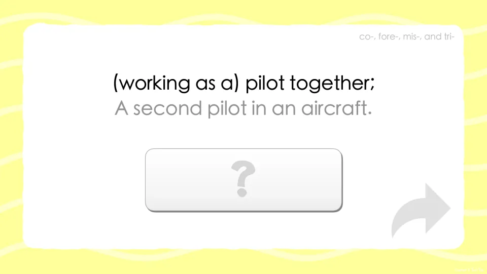 Prefix co- definition prompt: (working as a) pilot together; a second pilot in an aircraft; students name the co- word