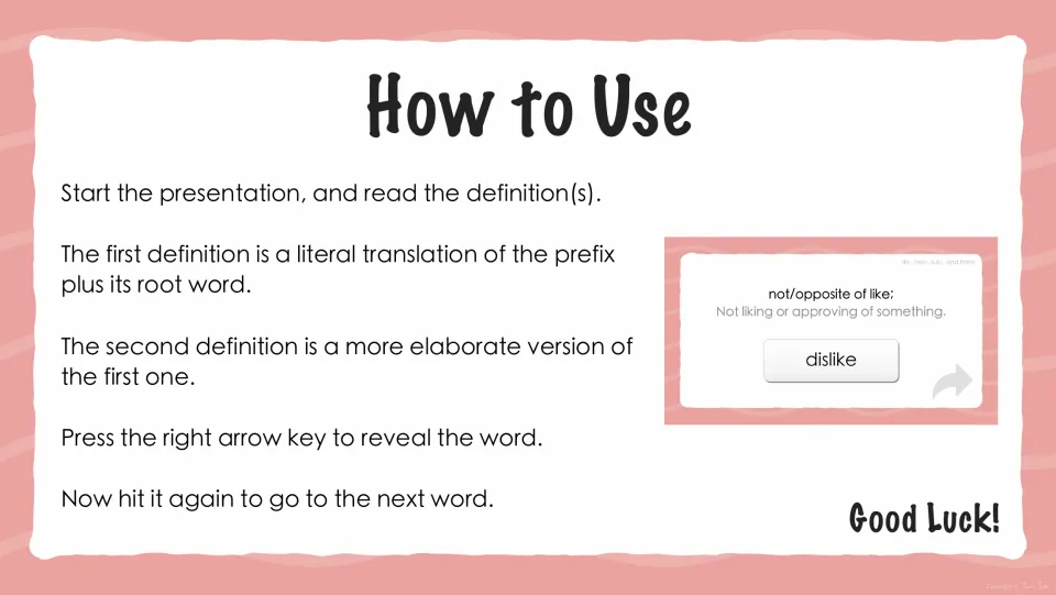 Presentation instructions explain the two definitions and using the right arrow key to reveal each word