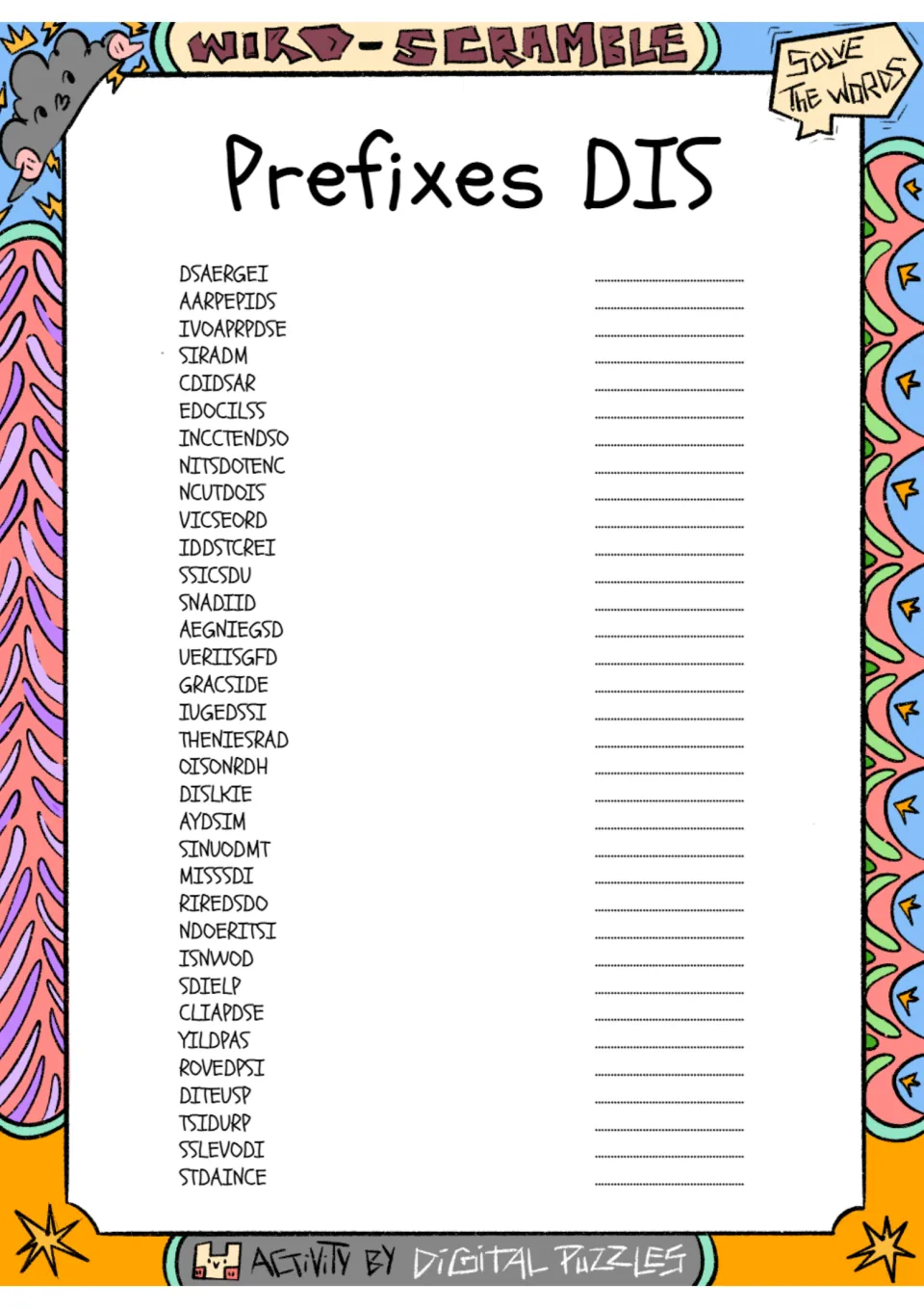 Prefix dis- word scramble: students unscramble 34 jumbled words such as DSAERGEI and SIRADM into words beginning with dis