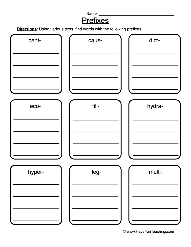 Prefixes List Worksheet teaching resource preview