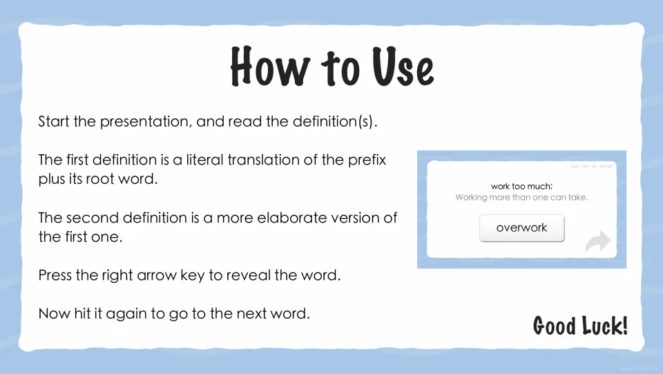 How to Use directions: read a literal and an elaborated definition, then press the right arrow key to reveal each word