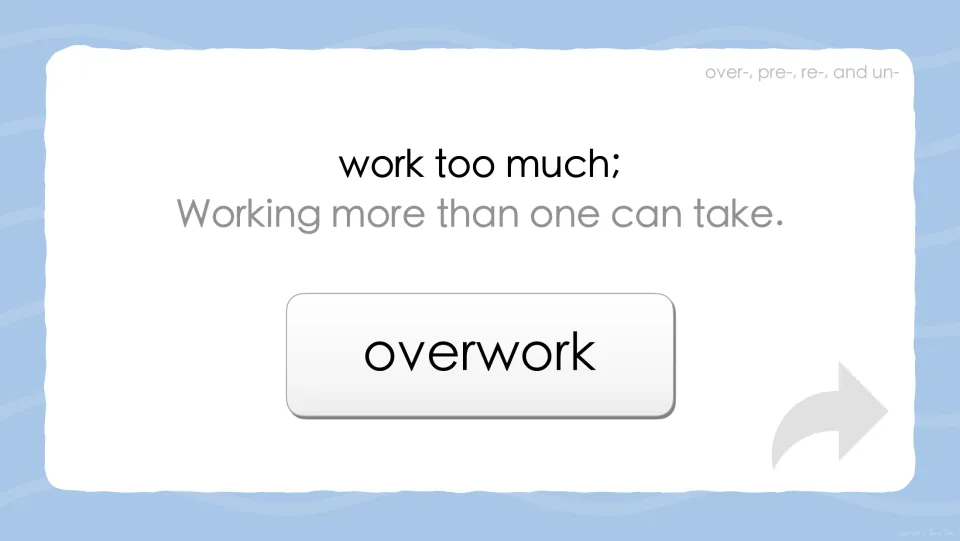 Reveal slide for the 'work too much' definition showing the answer word overwork, built from the prefix over- and root work