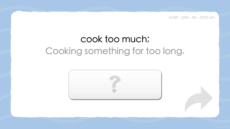Prefix definition prompt: 'cook too much; Cooking something for too long.' Students name the hidden prefixed word