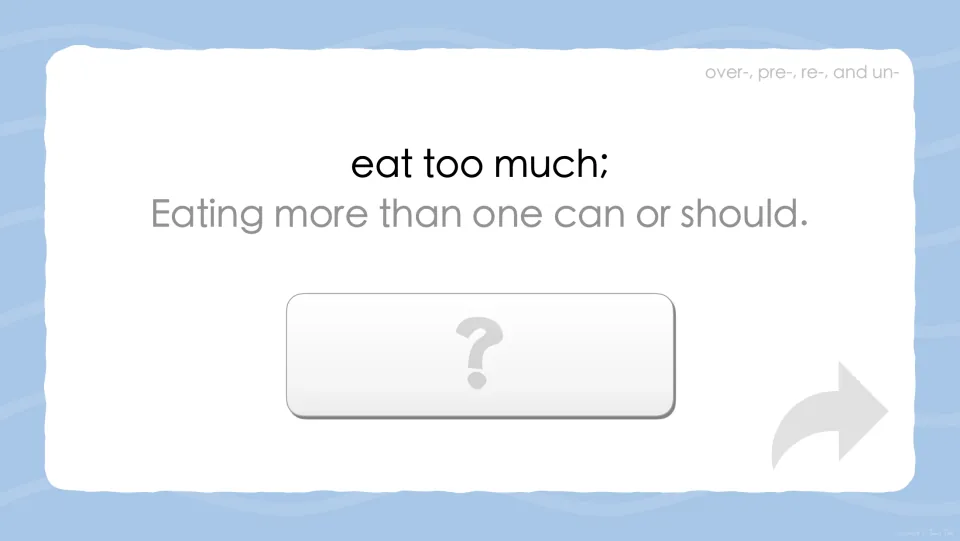 Prefix definition prompt: 'eat too much; Eating more than one can or should.' Students work out the word before the reveal