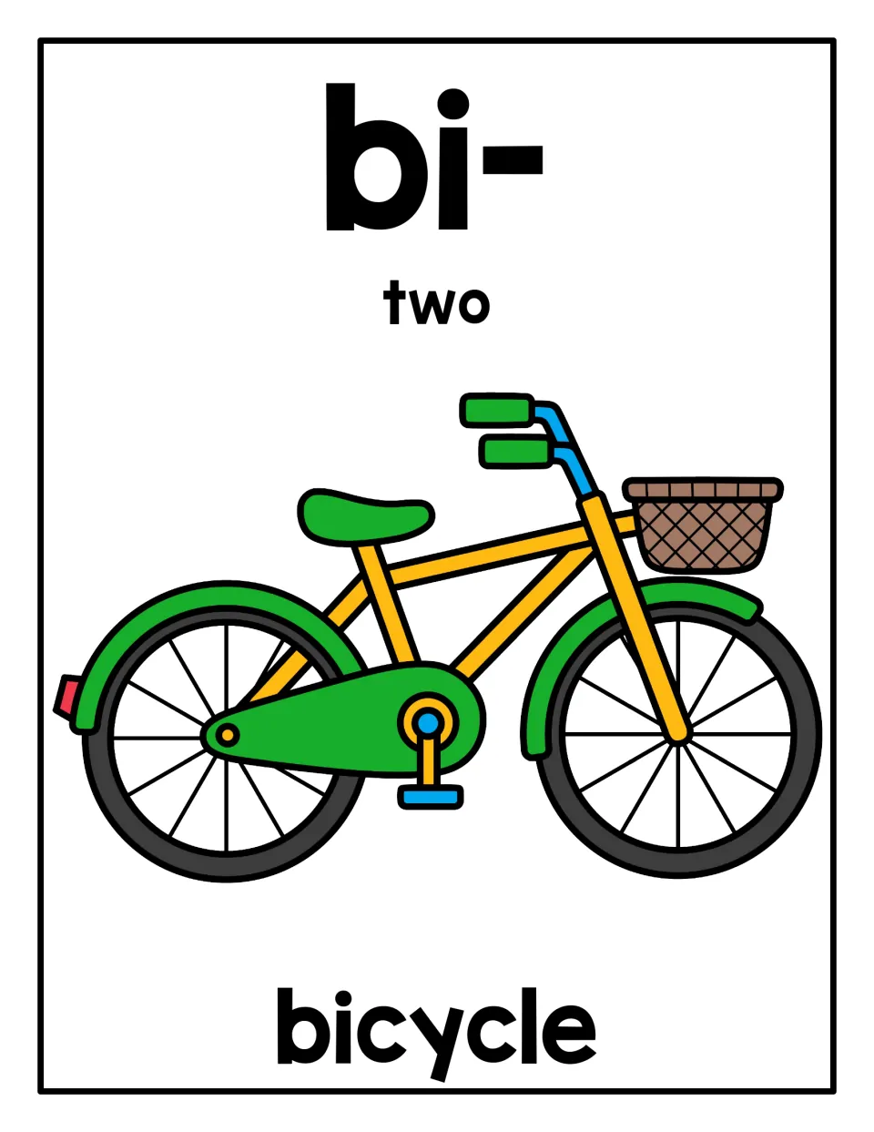 Prefix bi- poster: meaning "two" with the example word bicycle, illustrated by a two-wheeled bike with a basket