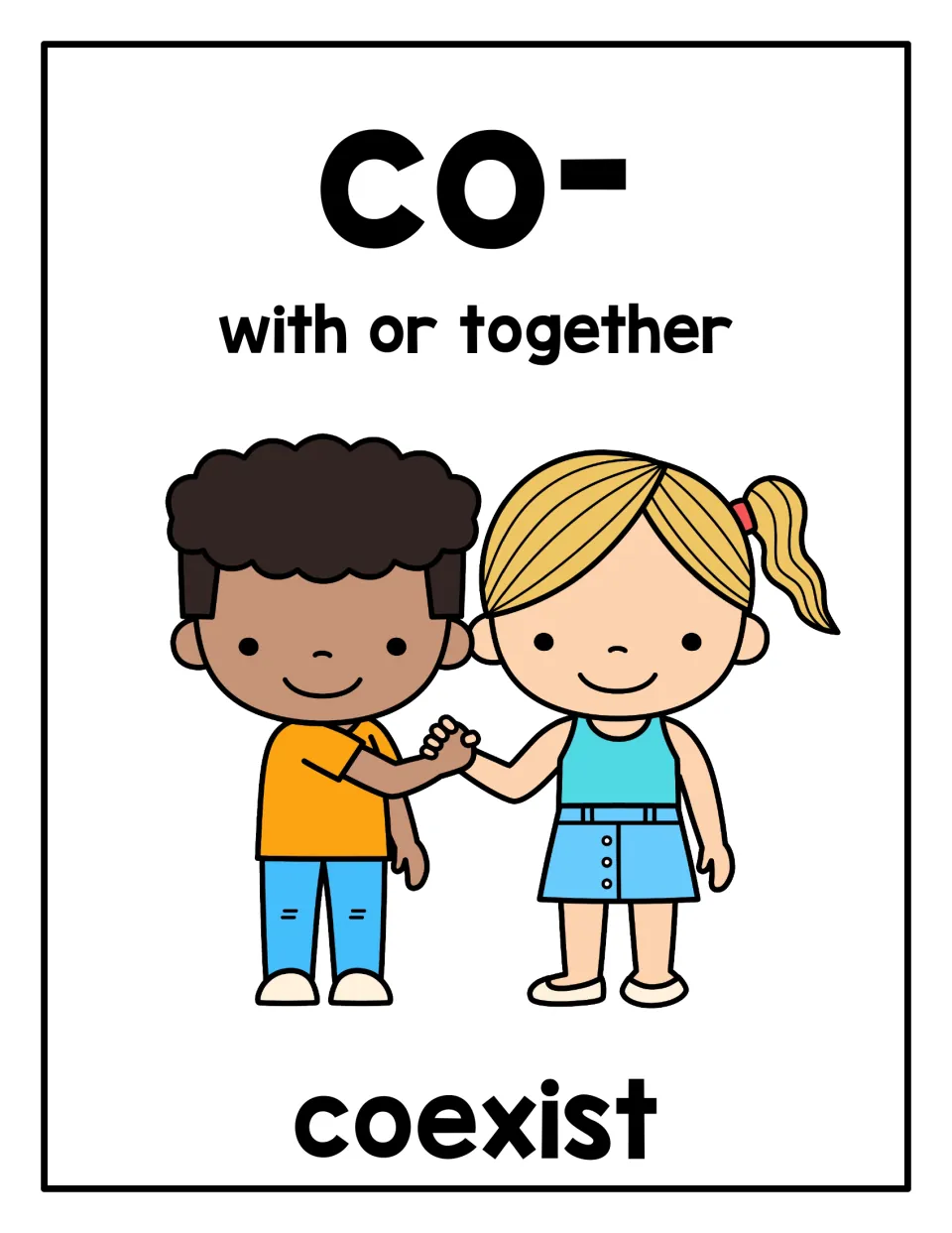Prefix co- poster: meaning "with or together" and the example word coexist, shown by two children holding hands