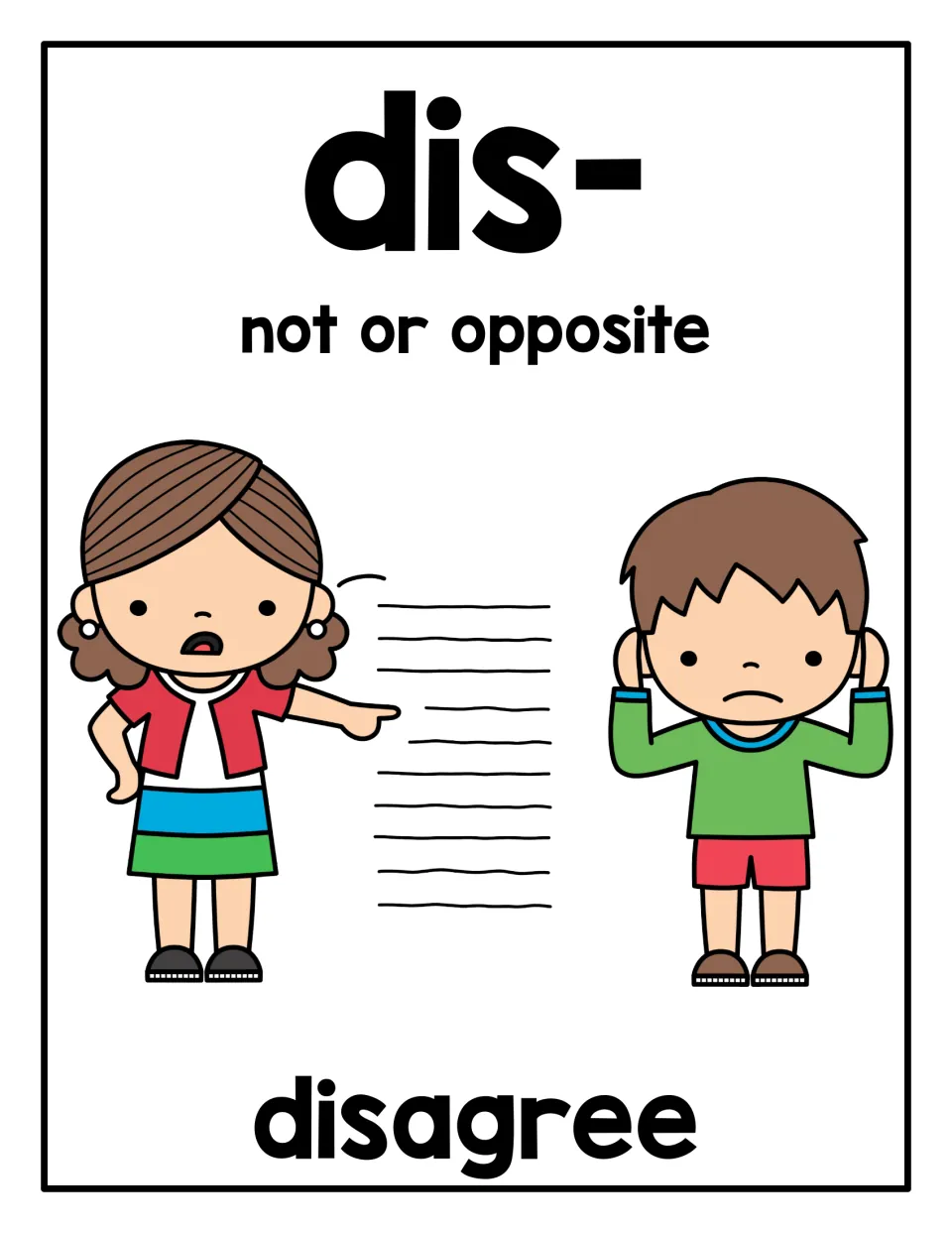 Prefix dis- poster: meaning "not or opposite" with the example word disagree, as a boy covers his ears while a girl talks