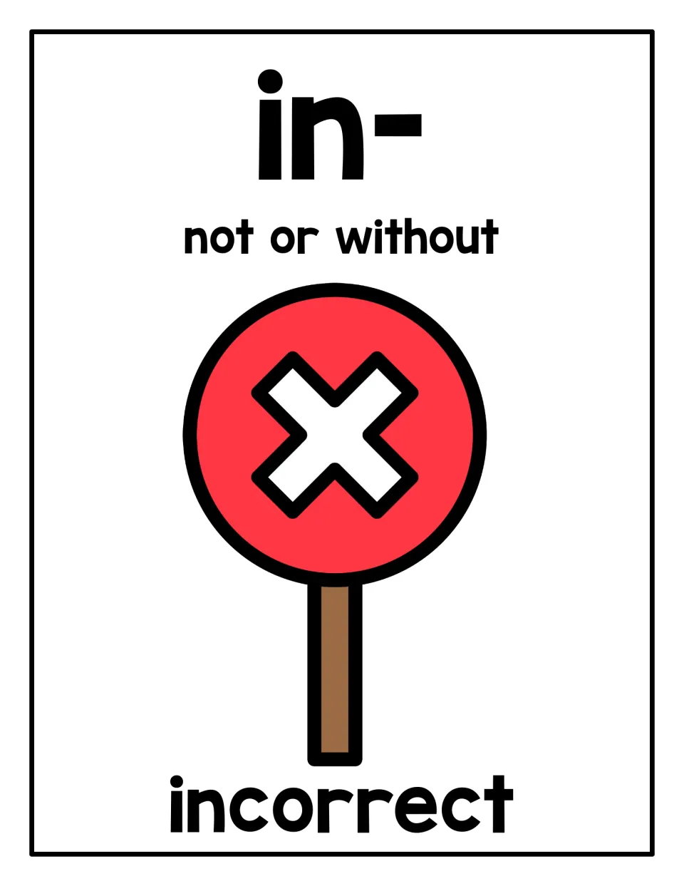 Prefix in- poster: meaning "not or without" with the example word incorrect, shown by a red sign with a white X