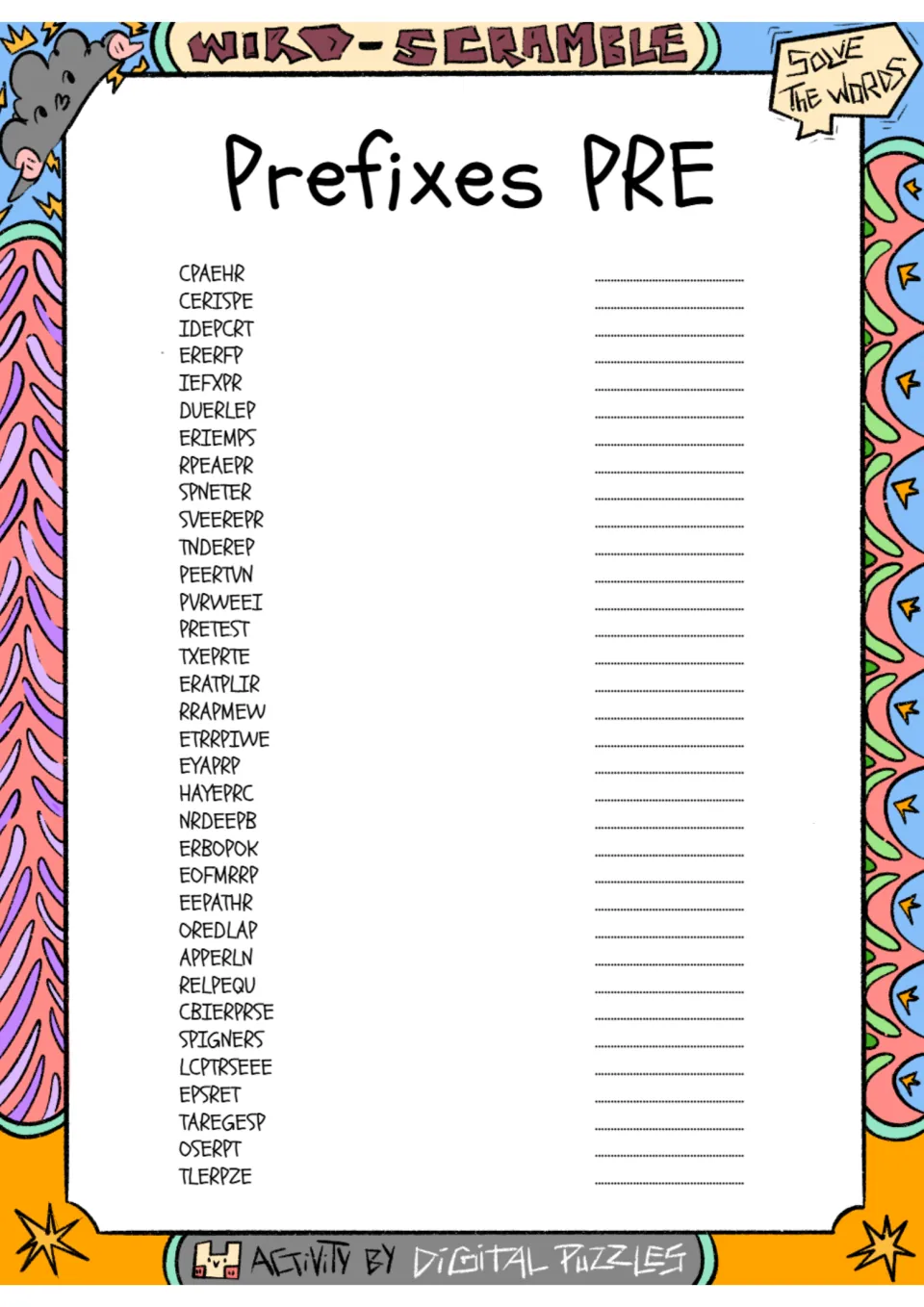 Word scramble practice for PRE words: 34 scrambled entries, including CPAEHR, CERISPE, IDEPCRT and ERERFP.