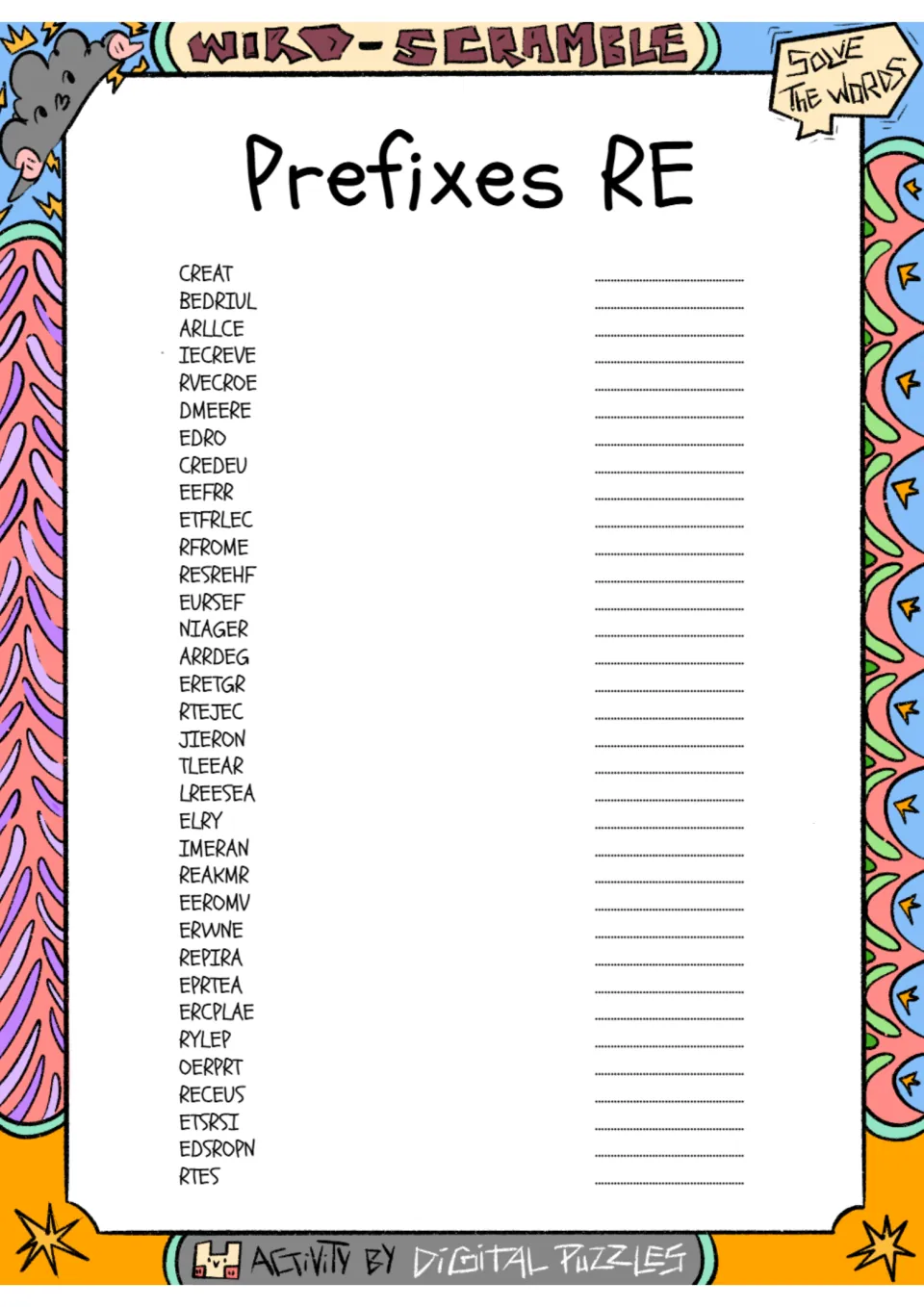 RE word scramble activity with 34 scrambled words, including CREAT, BEDRIUL, ARLLCE, IECREVE, and RVECROE