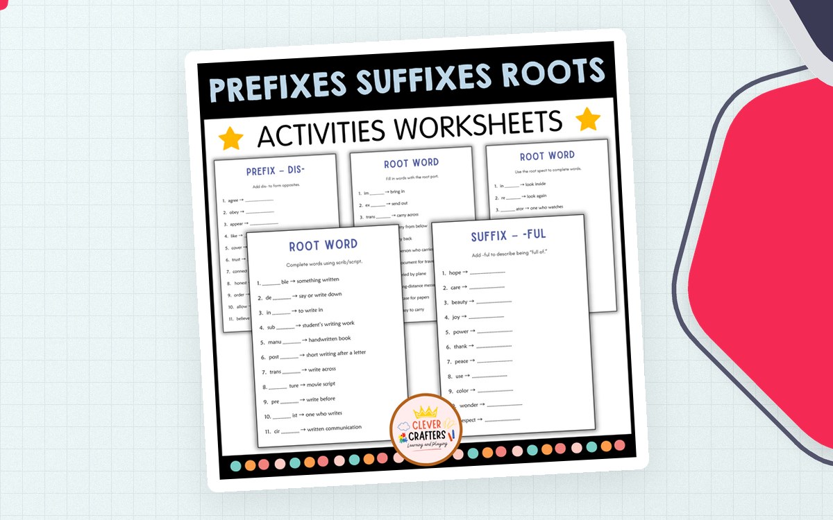Prefixes, Suffixes, and Root Words Worksheets for Grade 1, 2, 3 cover.