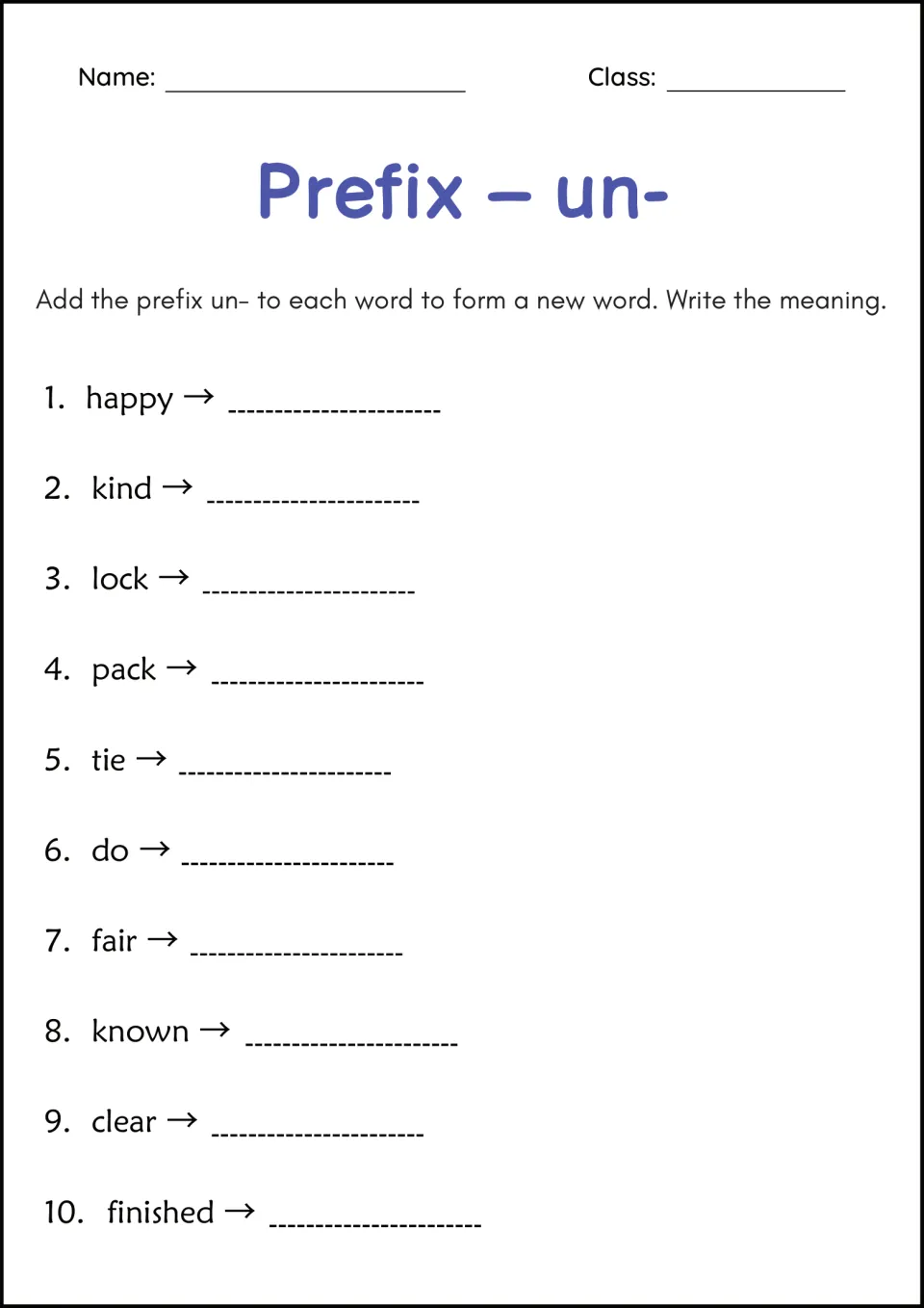 Prefix un-: students add un- to 10 words such as happy, kind, lock and tie, then write each new word's meaning