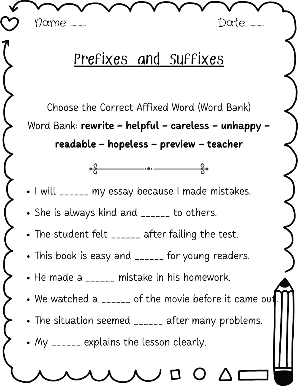 Affixed word bank fill-in: students complete 8 sentences using rewrite, helpful, careless, unhappy, preview and others