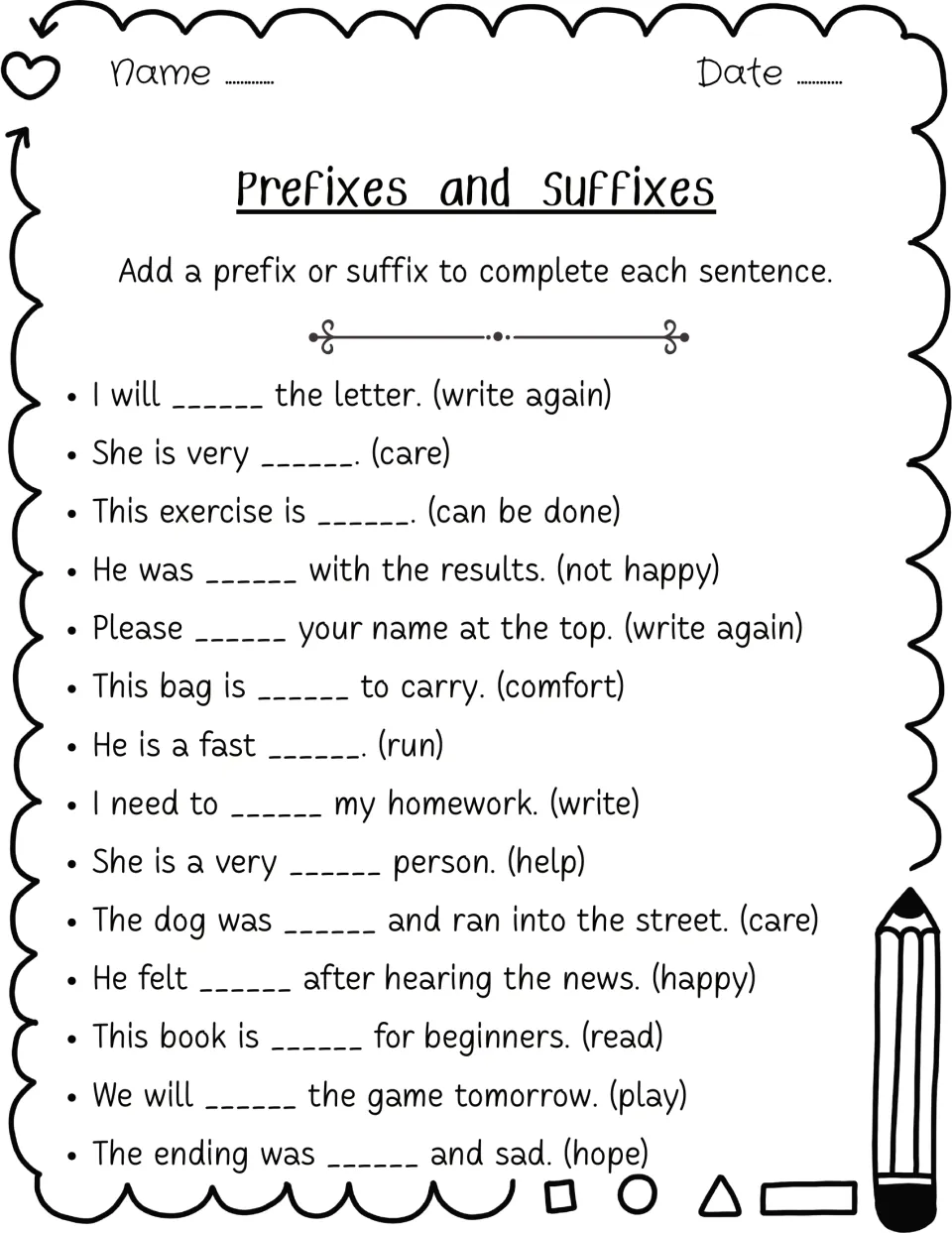 Adding affixes in sentences: students fill 14 blanks by changing a cue word such as care, comfort, run or hope