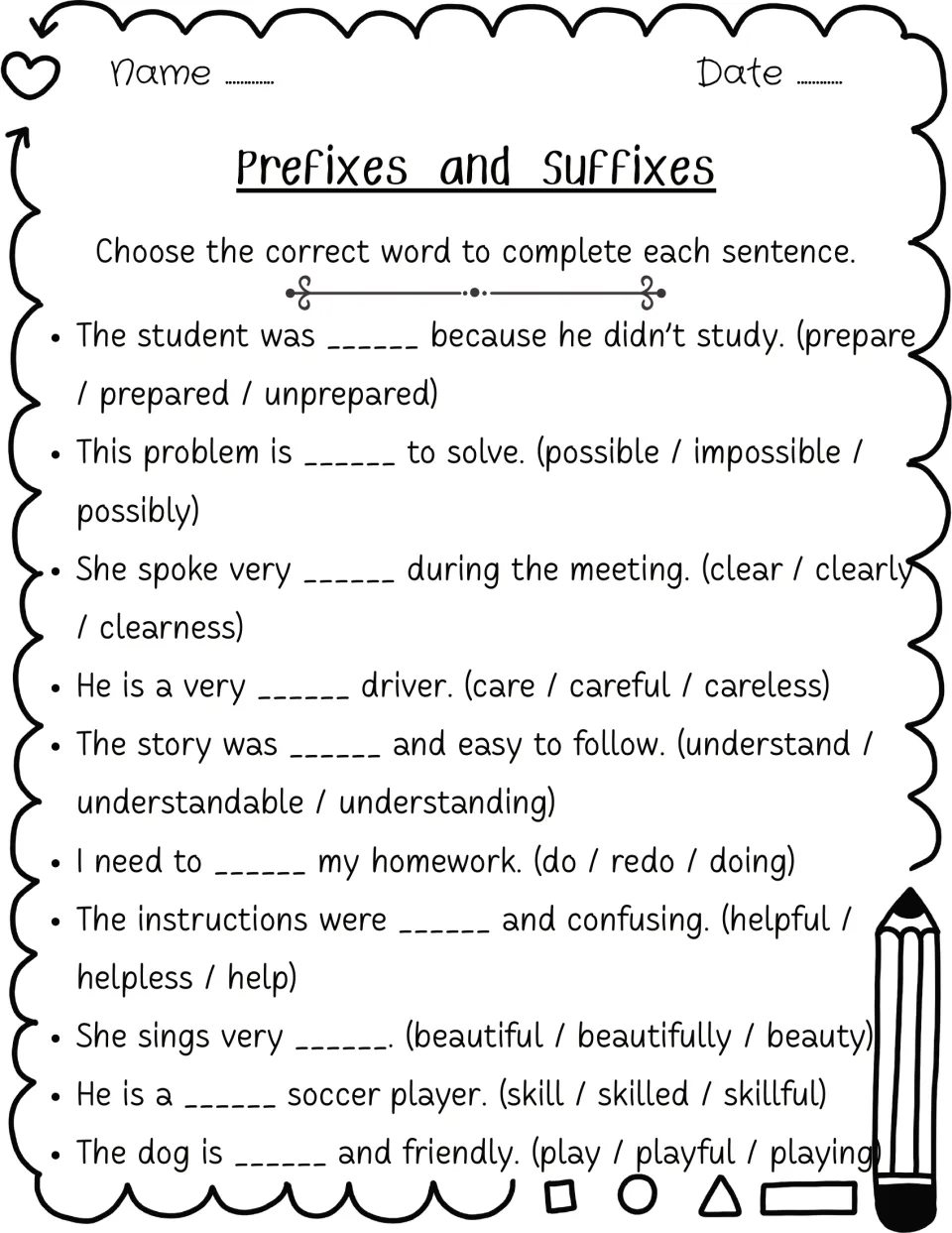 Multiple-choice word forms: students pick the right affixed word for 10 sentences, e.g. careful, unprepared or playful