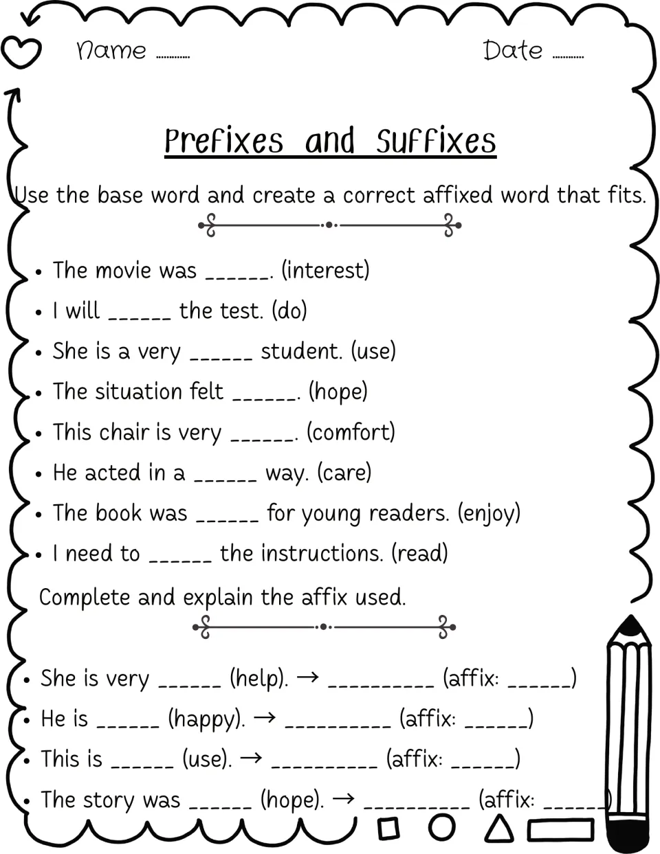 Creating affixed words: students fill 8 sentences from base words, then complete 4 more and name the affix they used