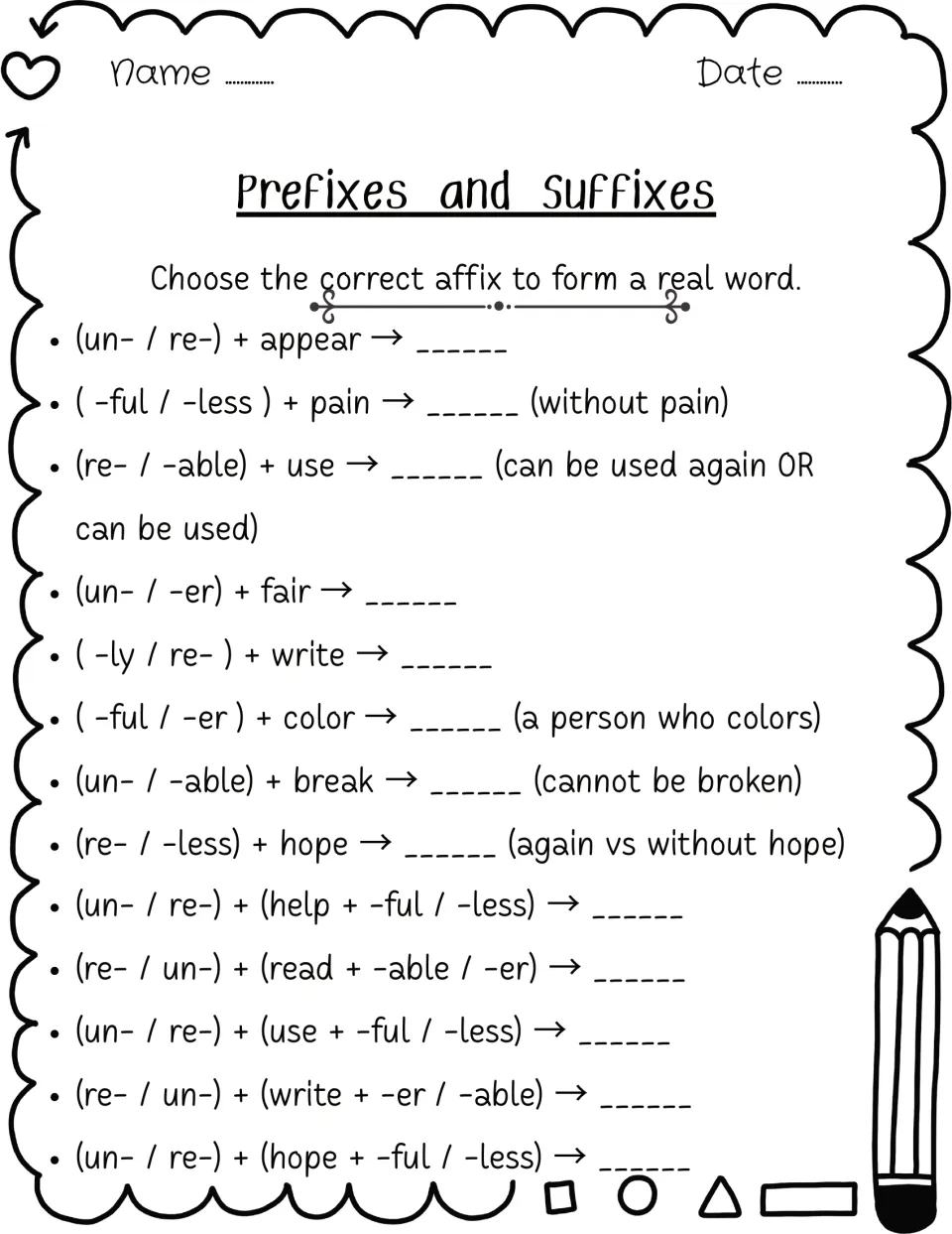Choosing affixes: students pick between options like un-/re- or -ful/-less to form 13 real words from appear, hope and use