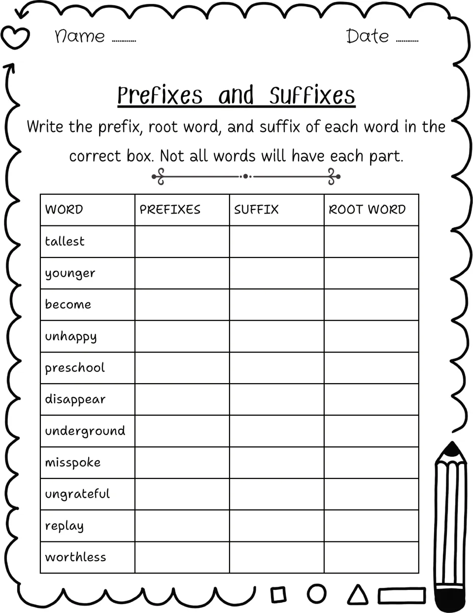 Word analysis: students split 11 words such as unhappy, preschool, misspoke and worthless into prefix, suffix and root
