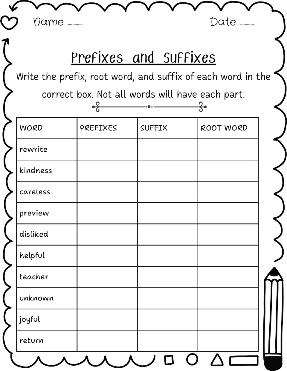 Word parts sort: students identify the prefix, suffix and root in 10 words including rewrite, kindness, unknown and joyful