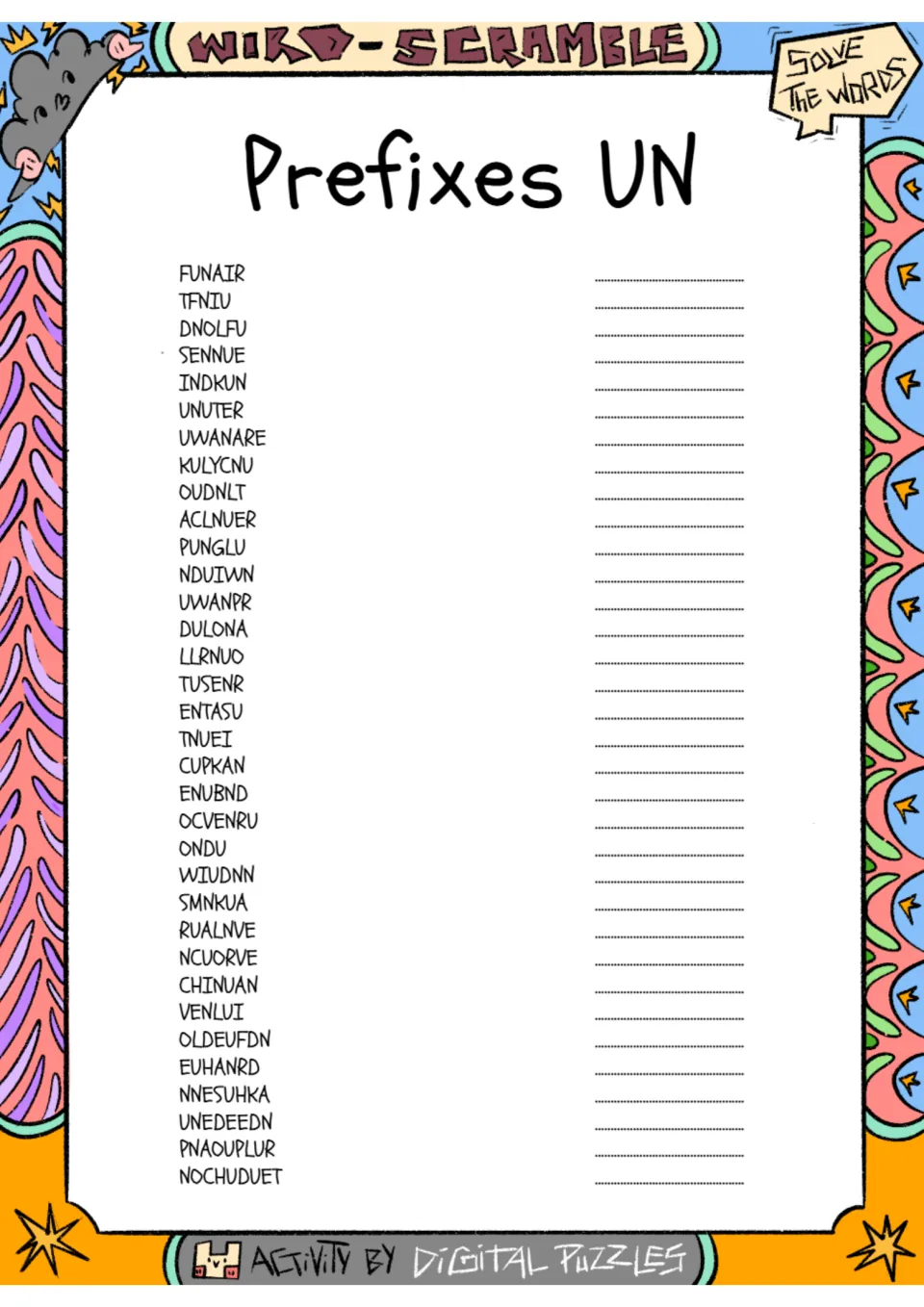 Prefix un- word scramble: 34 scrambled entries, including FUNAIR, TFNIU, DNOLFU, SENNUE, and INDKUN.