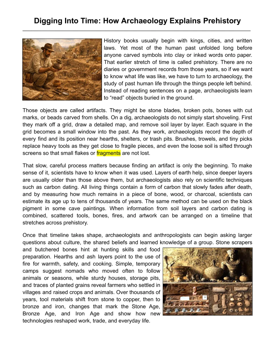 Digging Into Time: how archaeology explains prehistory; students read about artifacts, dig methods and carbon dating