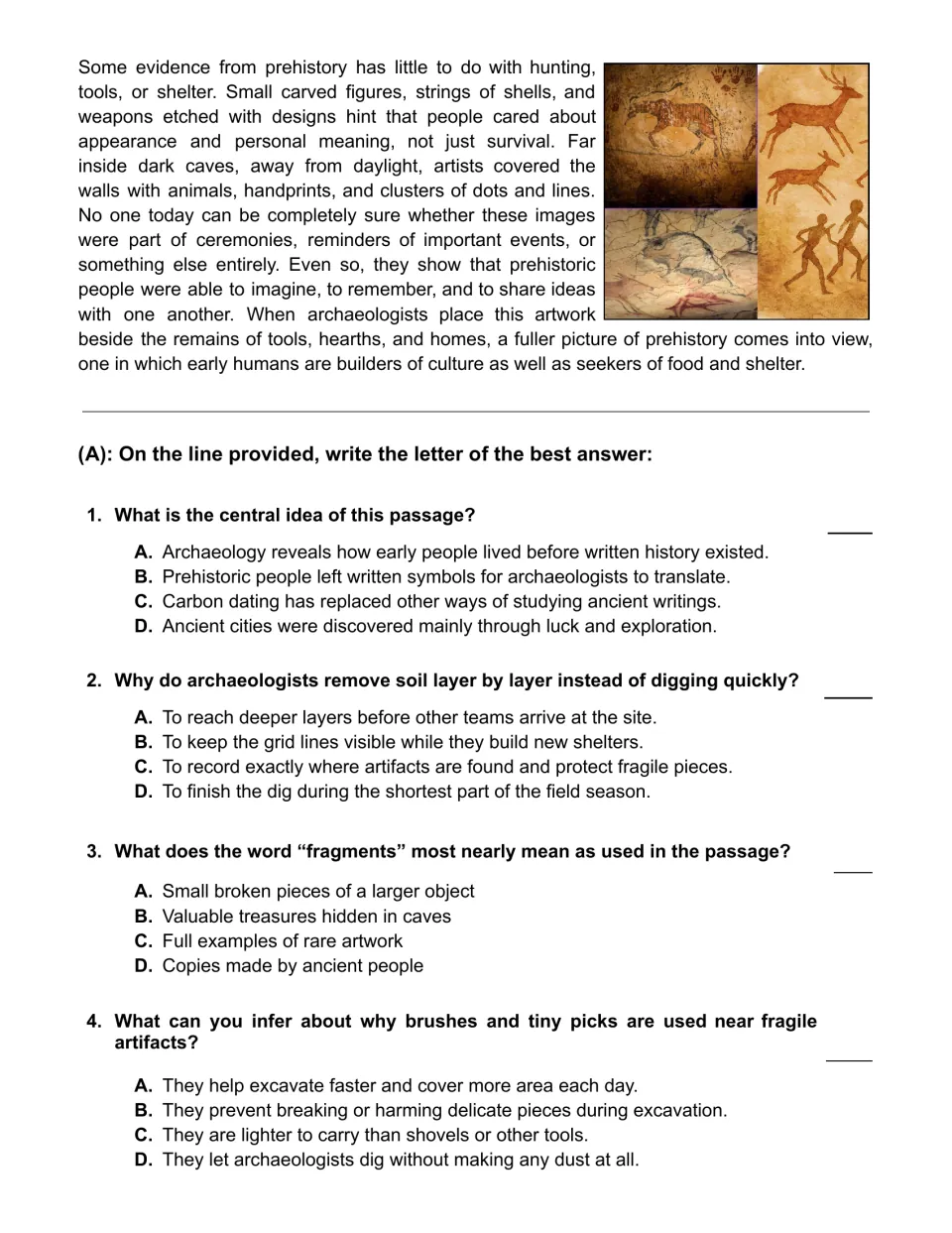 Cave art passage ends; students choose the best answer on central idea, the word fragments and inferring tool use