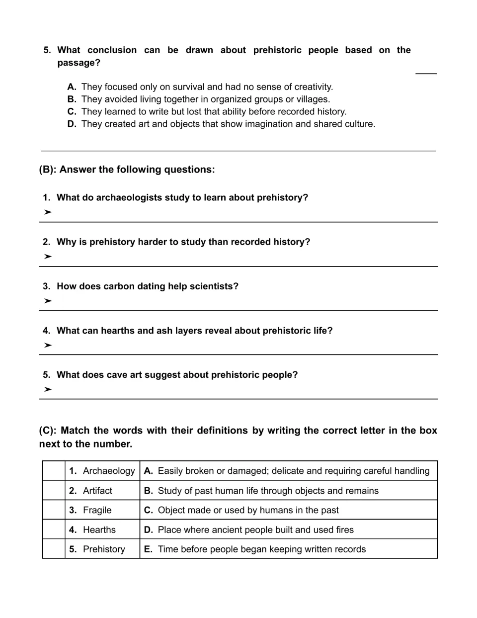 Archaeology comprehension: last multiple choice item, five short-answer questions and matching five terms to definitions