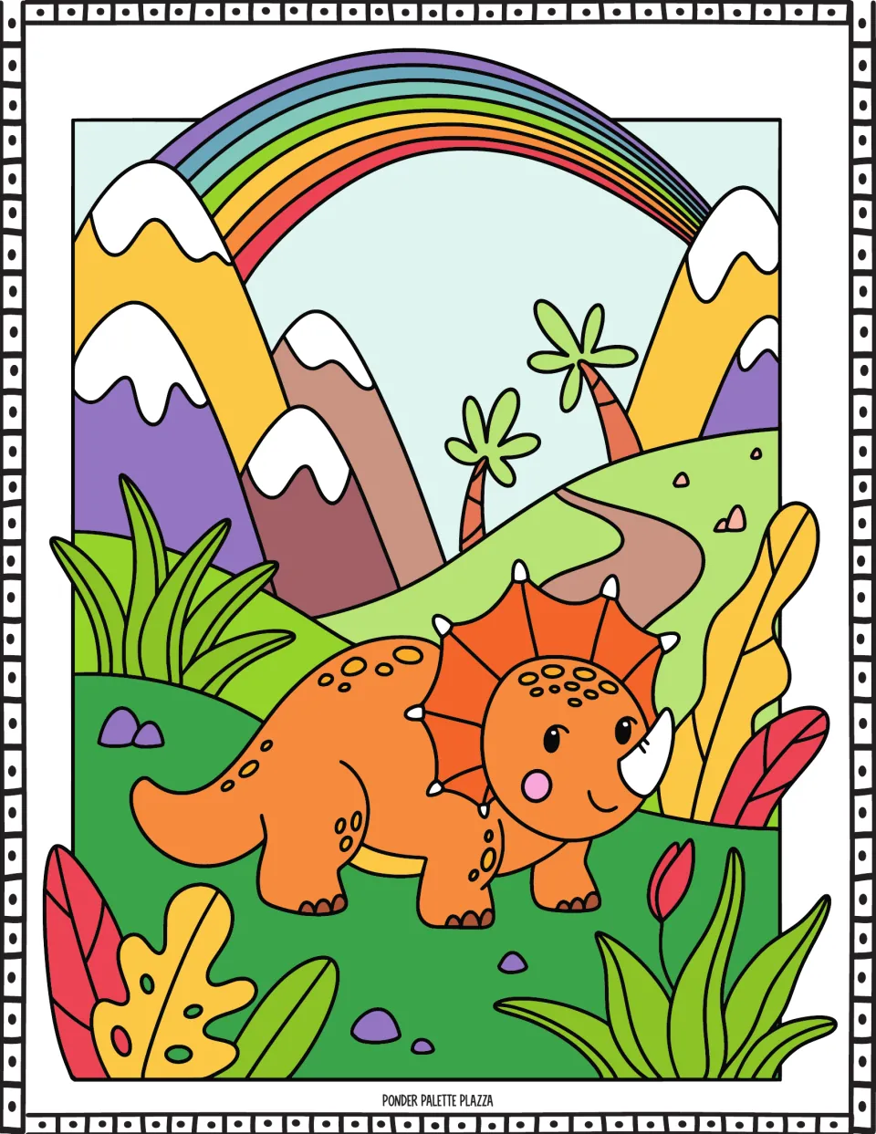 Colored guide for the dinosaur coloring activity: an orange horned dinosaur beneath a rainbow and mountains.