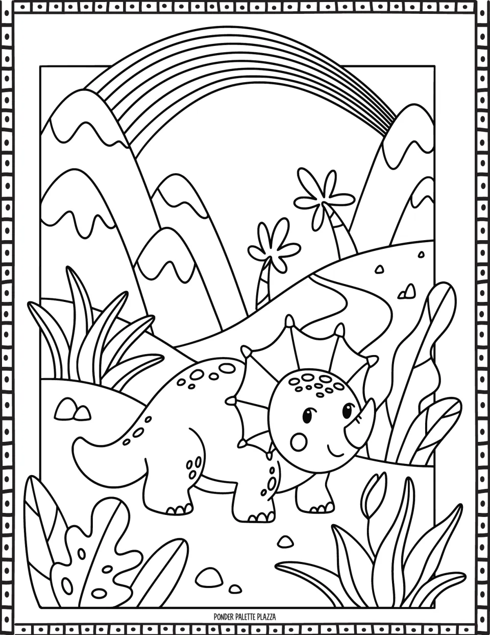 Dinosaur coloring page matching the colored guide, with a horned dinosaur, rainbow, mountains, and plants.
