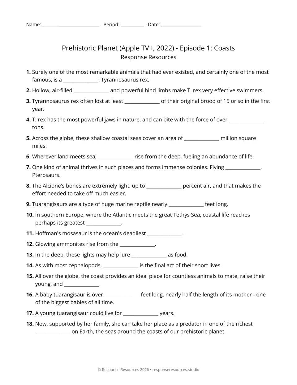 Viewing worksheet: 18 fill-in-the-blank questions on T. rex, pterosaurs, ammonites, and coastal habitats