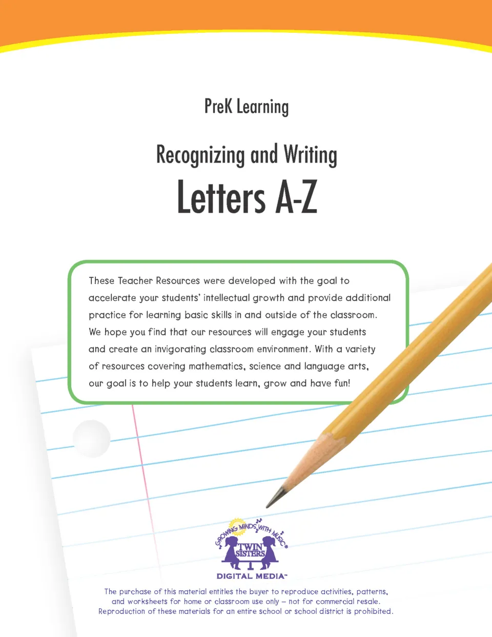 Cover of PreK Learning: Recognizing and Writing Letters A-Z by Twin Sisters, with a pencil resting on notebook paper