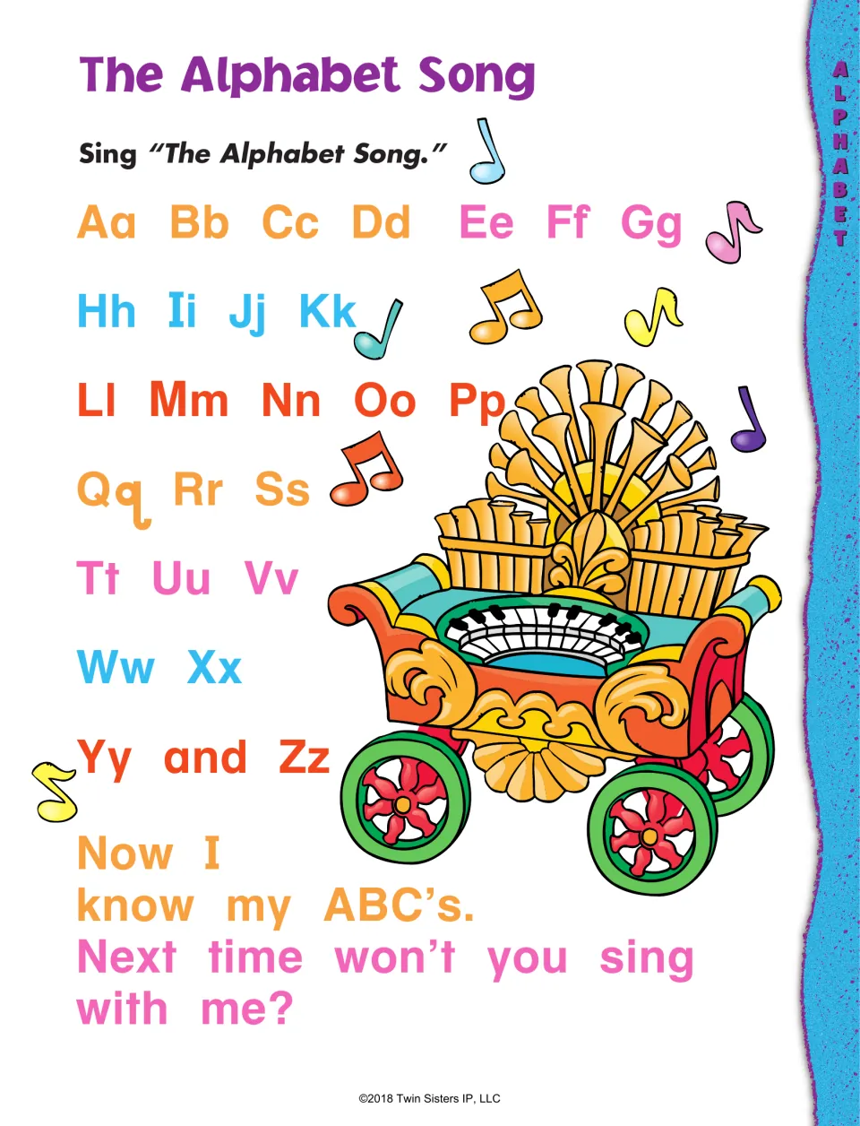 The Alphabet Song: students sing the lyrics, shown as uppercase and lowercase letter pairs Aa to Zz beside a parade organ
