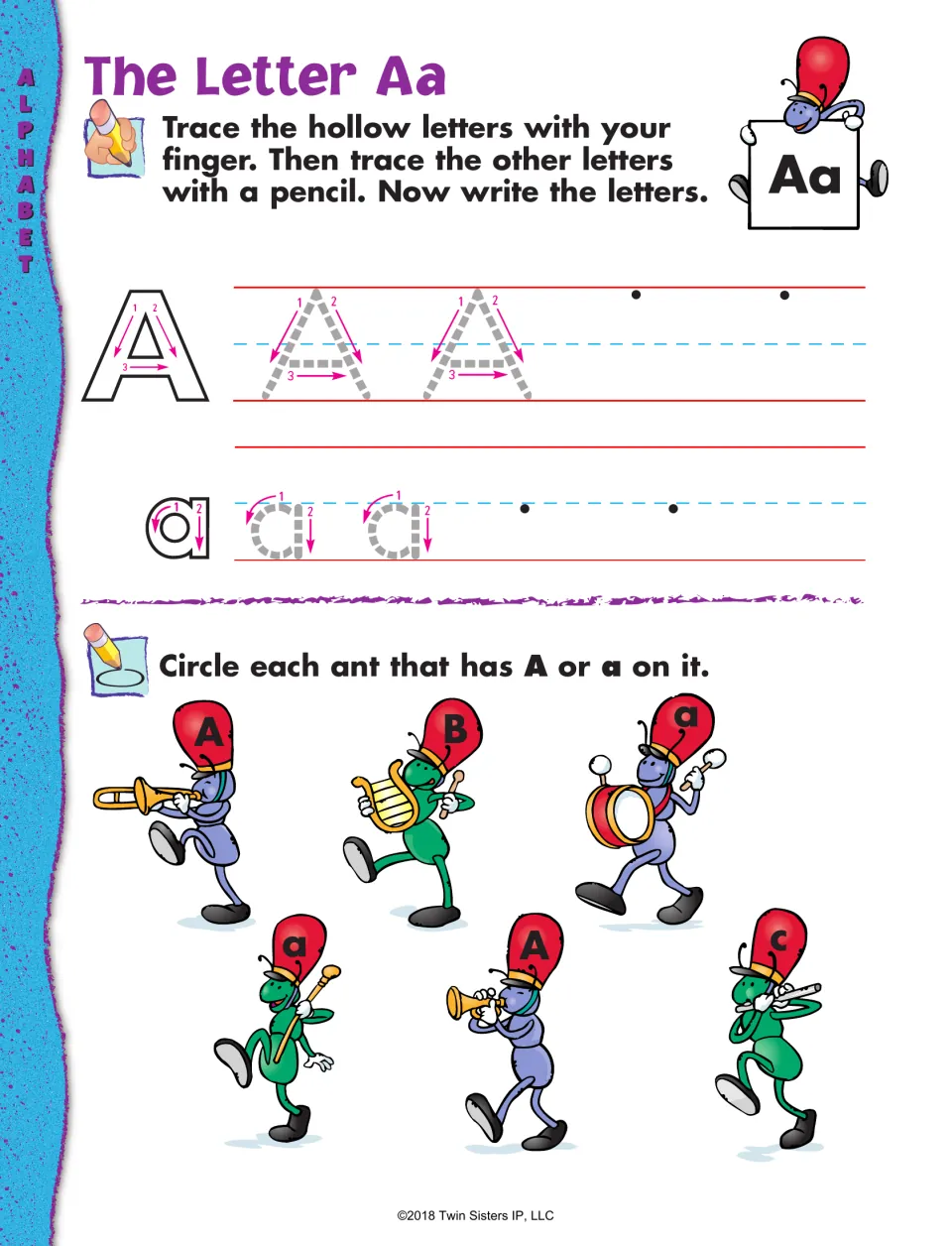 The Letter Aa: students trace and write uppercase A and lowercase a, then circle each marching-band ant labeled A or a