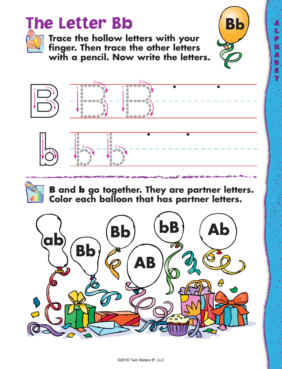 The Letter Bb: students trace and write B and b, then color each party balloon showing matching partner letters Bb or bB