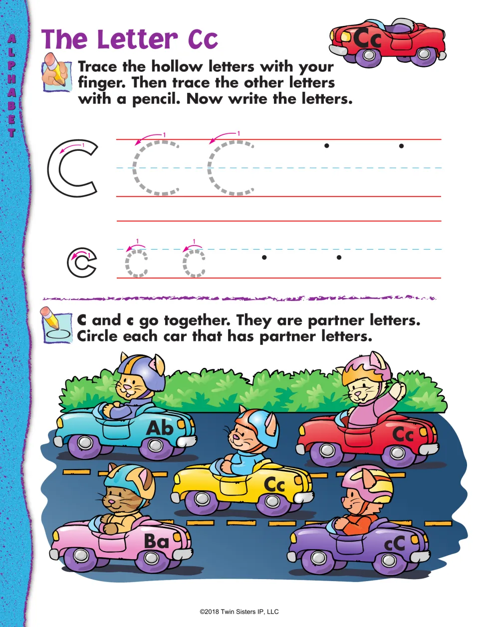 The Letter Cc: students trace and write C and c, then circle each race car with partner letters among Ab, Ba, Cc and cC