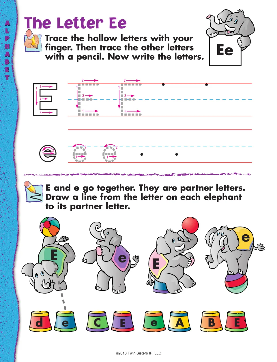 The Letter Ee: students trace and write E and e, then draw a line from each circus elephant's letter to its partner letter