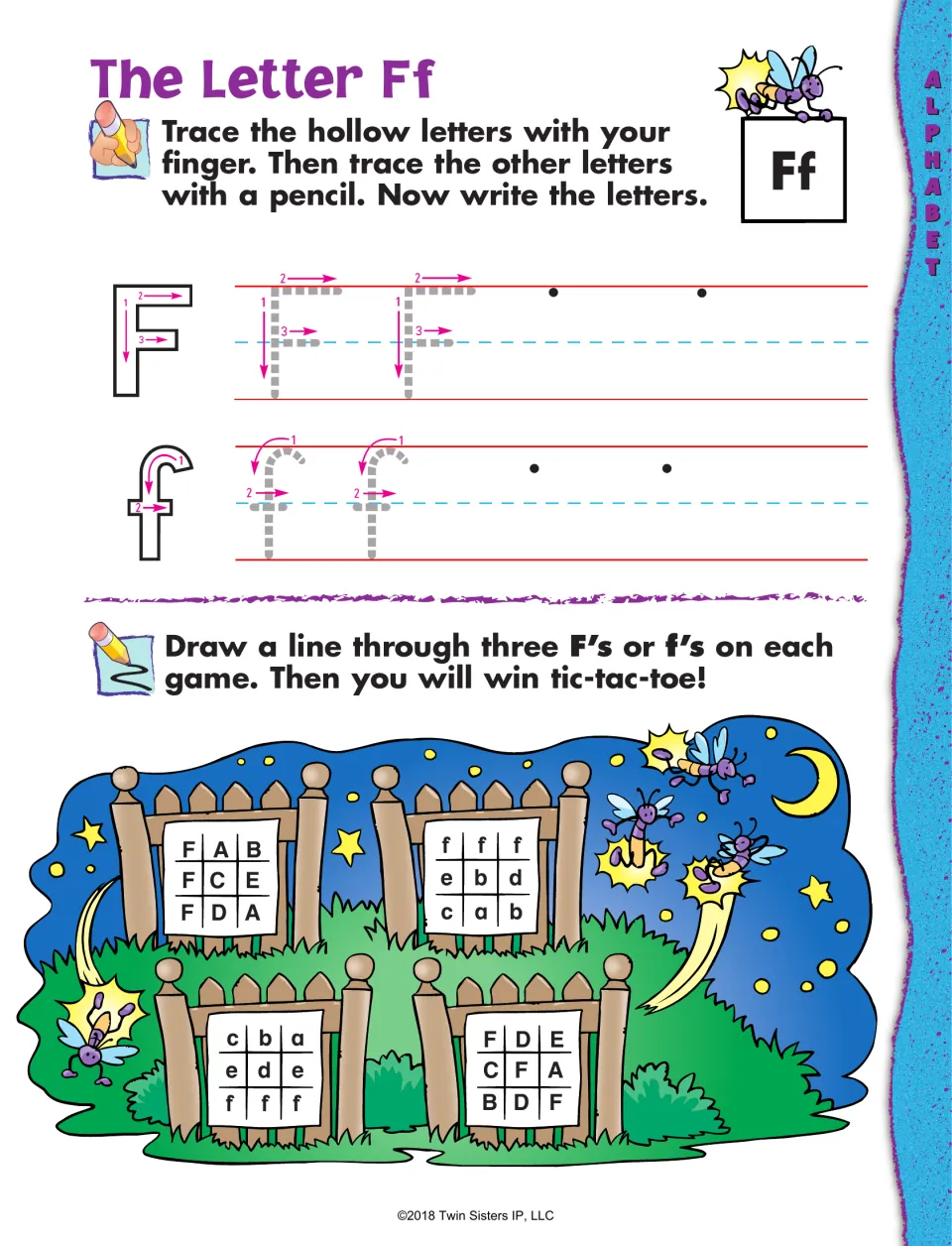 The Letter Ff: students trace and write F and f, then cross three F's or f's in a row on four tic-tac-toe games