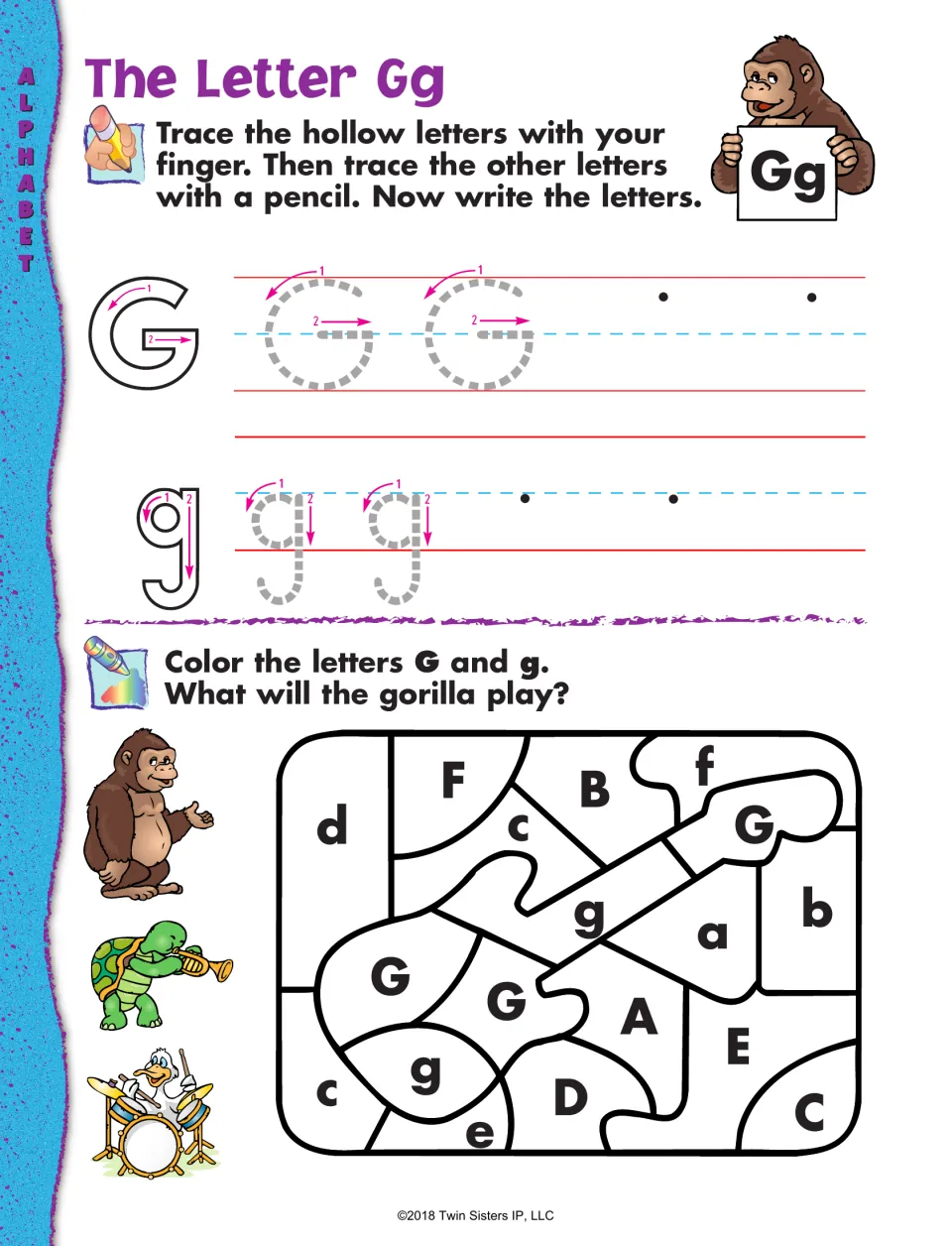 The Letter Gg: students trace and write G and g, then color each G and g space to reveal what the gorilla will play