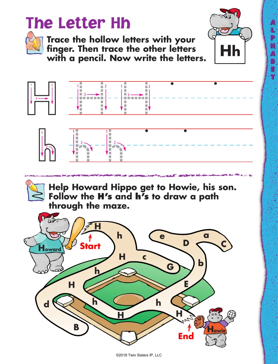 The Letter Hh: students trace and write H and h, then follow H's and h's through a ballpark maze to reach Howie