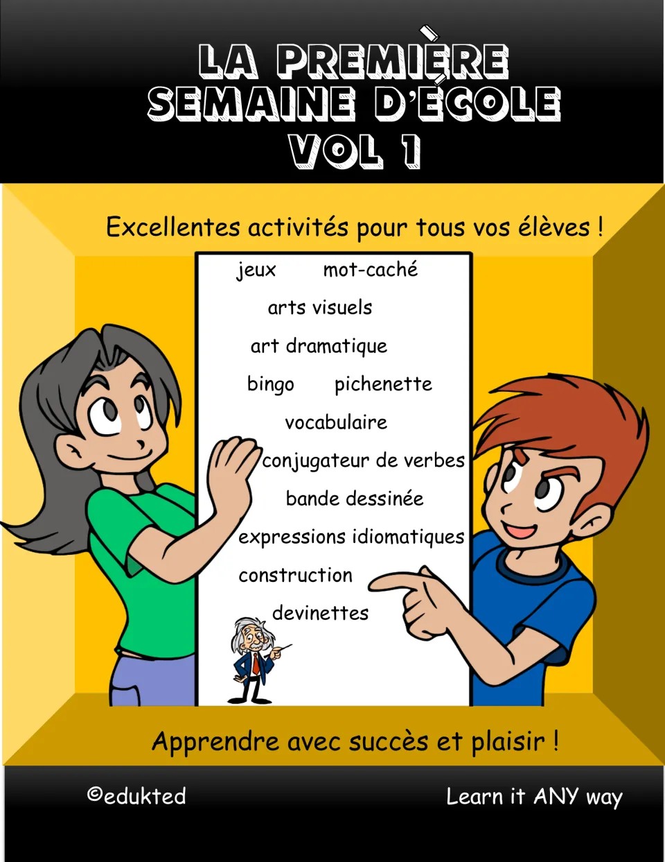 French first-week-of-school book cover listing games, visual arts, drama, bingo, vocabulary, and comics