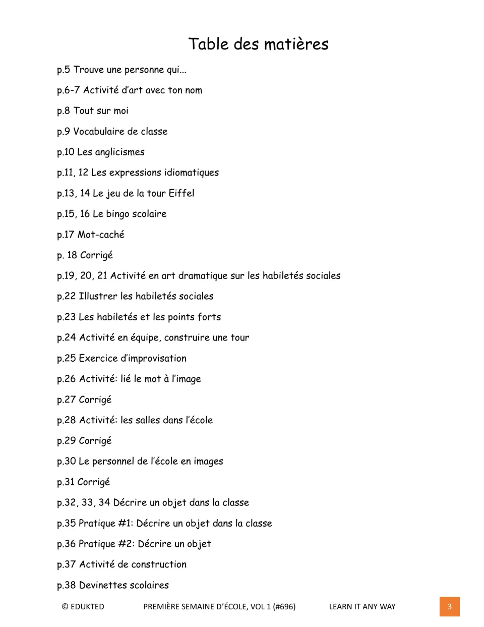 First contents page lists activities on pages 5–38, from finding classmates to school-themed riddles