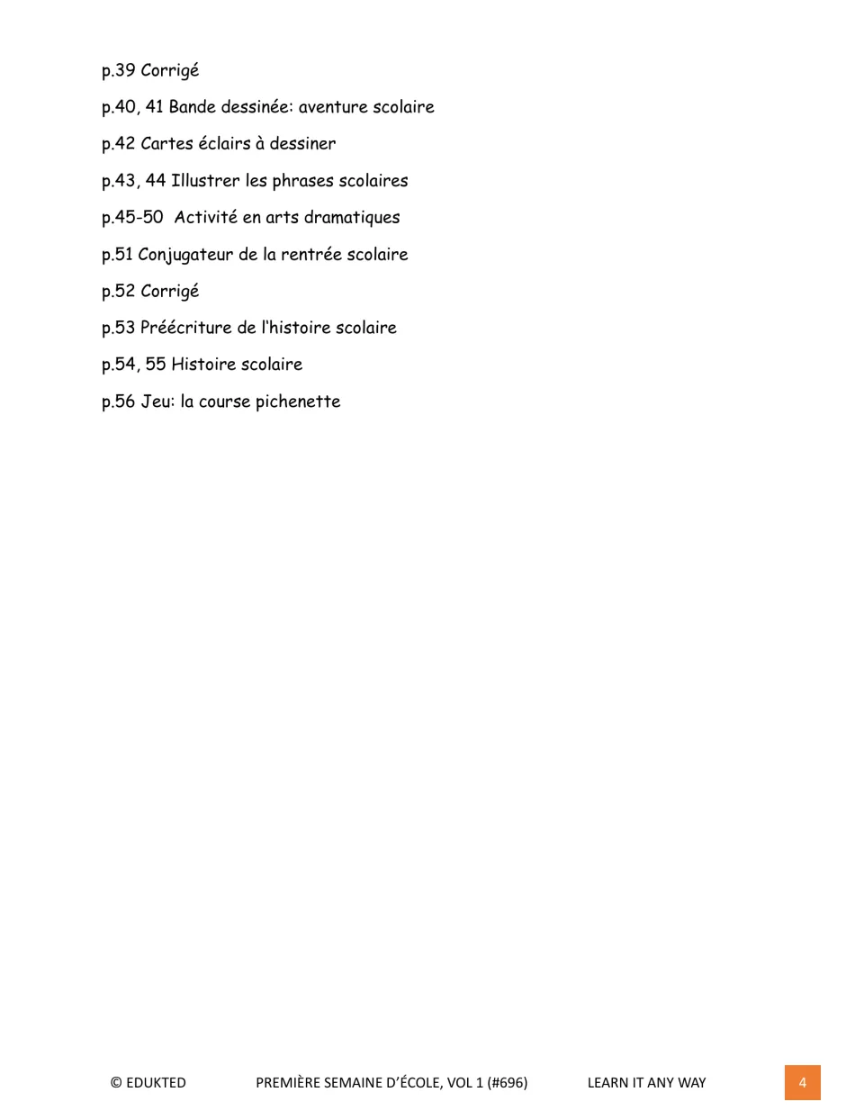 Second contents page lists pages 39–56, including comics, drama, verb conjugation, and story writing