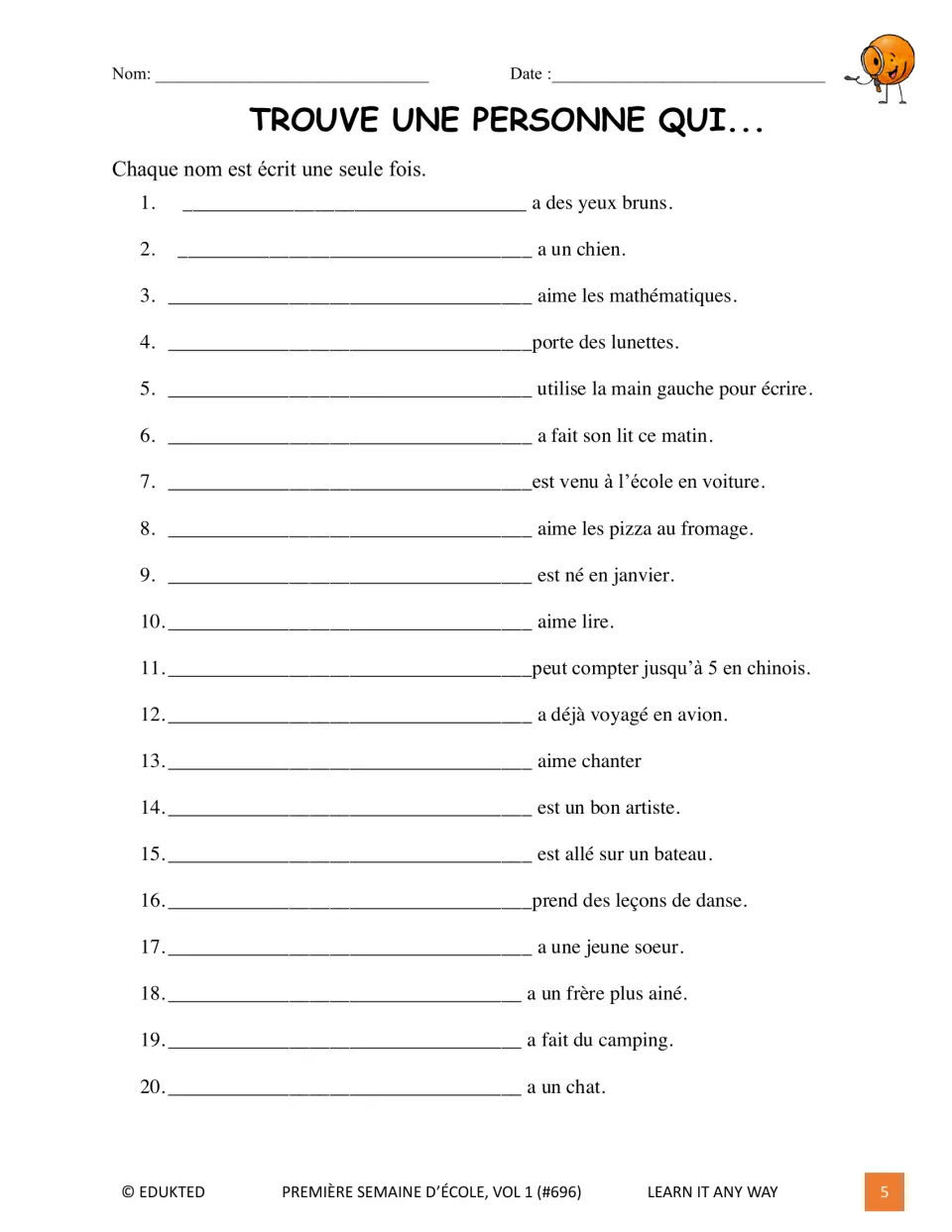 French find-someone-who activity has 20 prompts about classmates, including pets, interests, and family