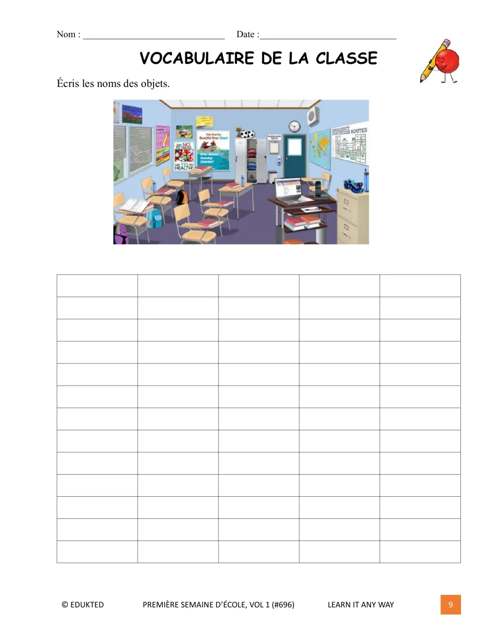 French classroom vocabulary activity asks students to name objects shown in an illustrated classroom